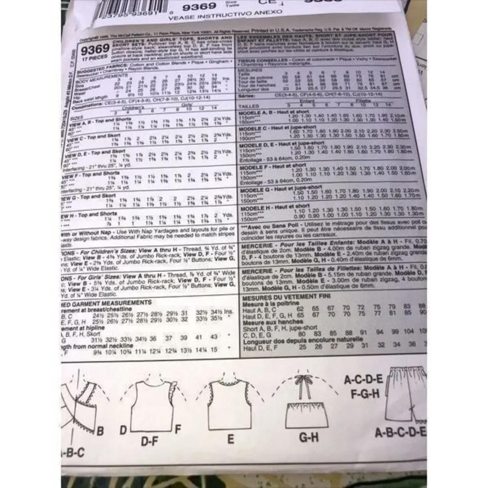 McCall’s 9369 Uncut New Pattern Girls Tops, Short&skort Size 3.4.5 English 17pc